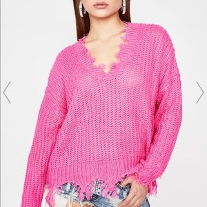 Hot Pink Popcorn Distressed V Neck Sweater